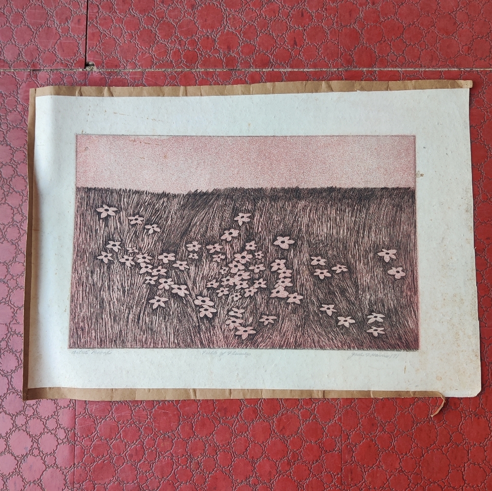 Fields of Flowers Engraving Artists Proof Signed 1971 Pink Floral Stippling